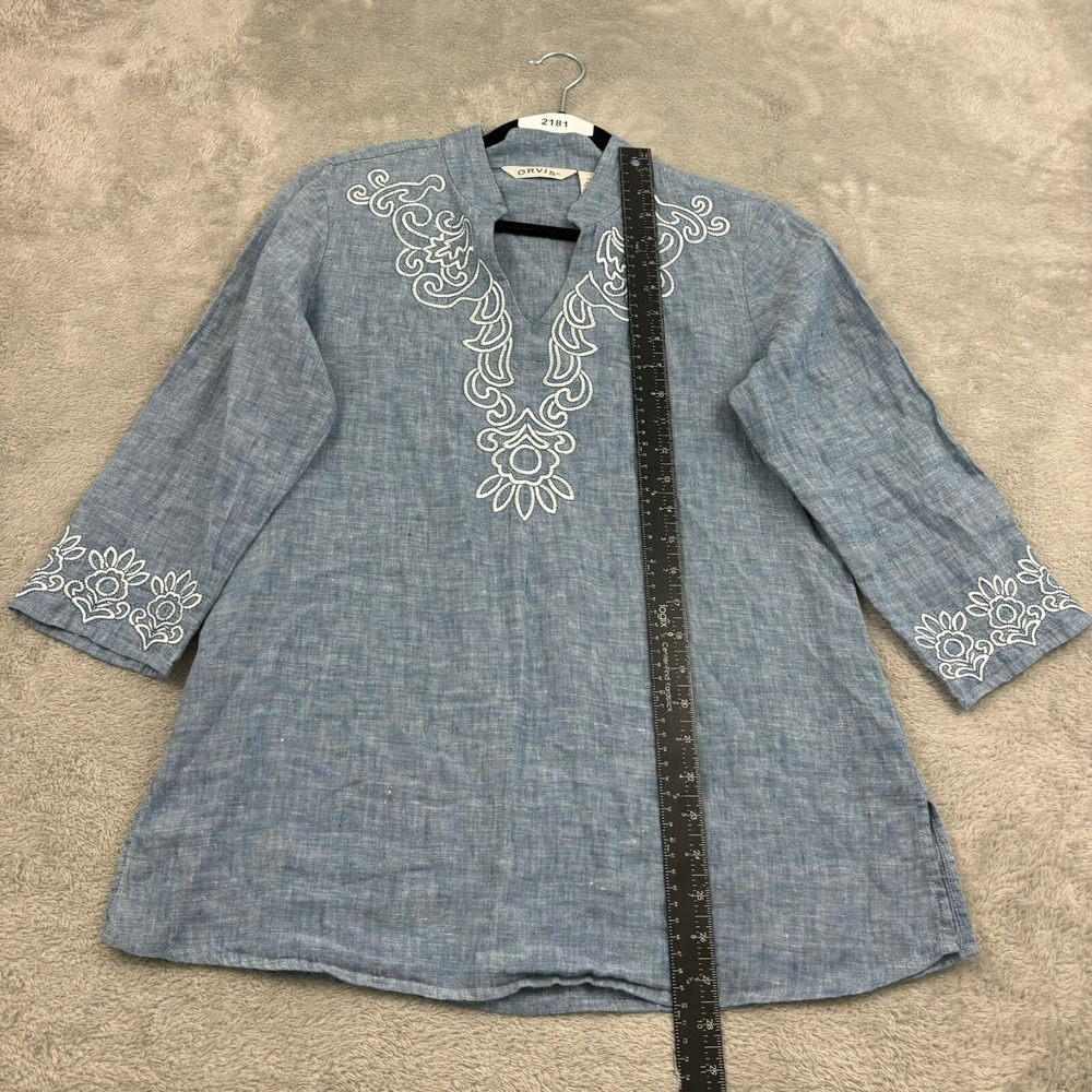 Orvis Embroidered Linen Tunic Top Womens S (6/8) Blue 3/4‎ Sleeve Lagenlook Boho - Picture 9 of 15